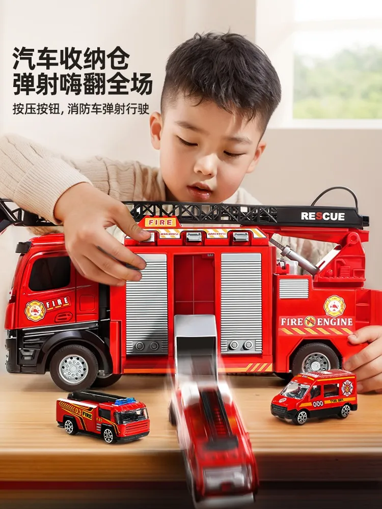 สเปรย์น้ํา Fire รถบรรทุกรุ่นบันไดรถบรรทุกของเล่นรถเสียงดึงกลับประตูเปิดรถคอลเลกชันเด็กของขวัญ