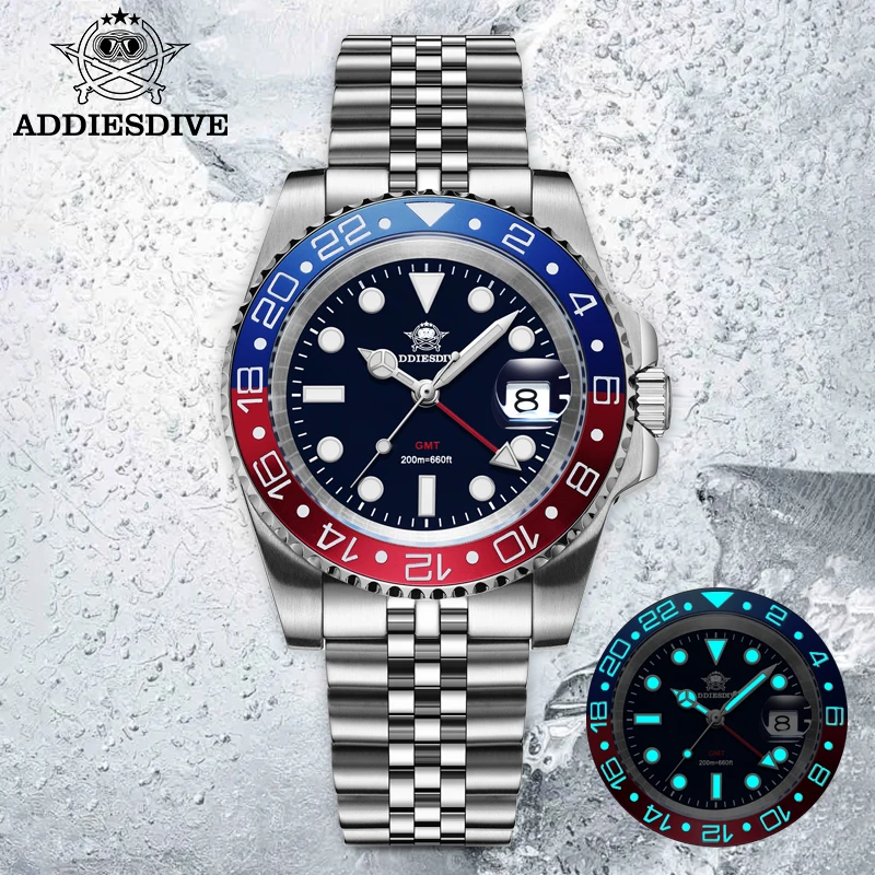 ADDIESDIVE นาฬิกาธุรกิจของผู้ชาย 40 มม. แบรนด์ชั้นนำควอตซ์ผู้ชายนาฬิกาข้อมือเซรามิค BEZEL 200 M กันน้ำส่องสว่างนาฬิกาโซนเวลาคู่