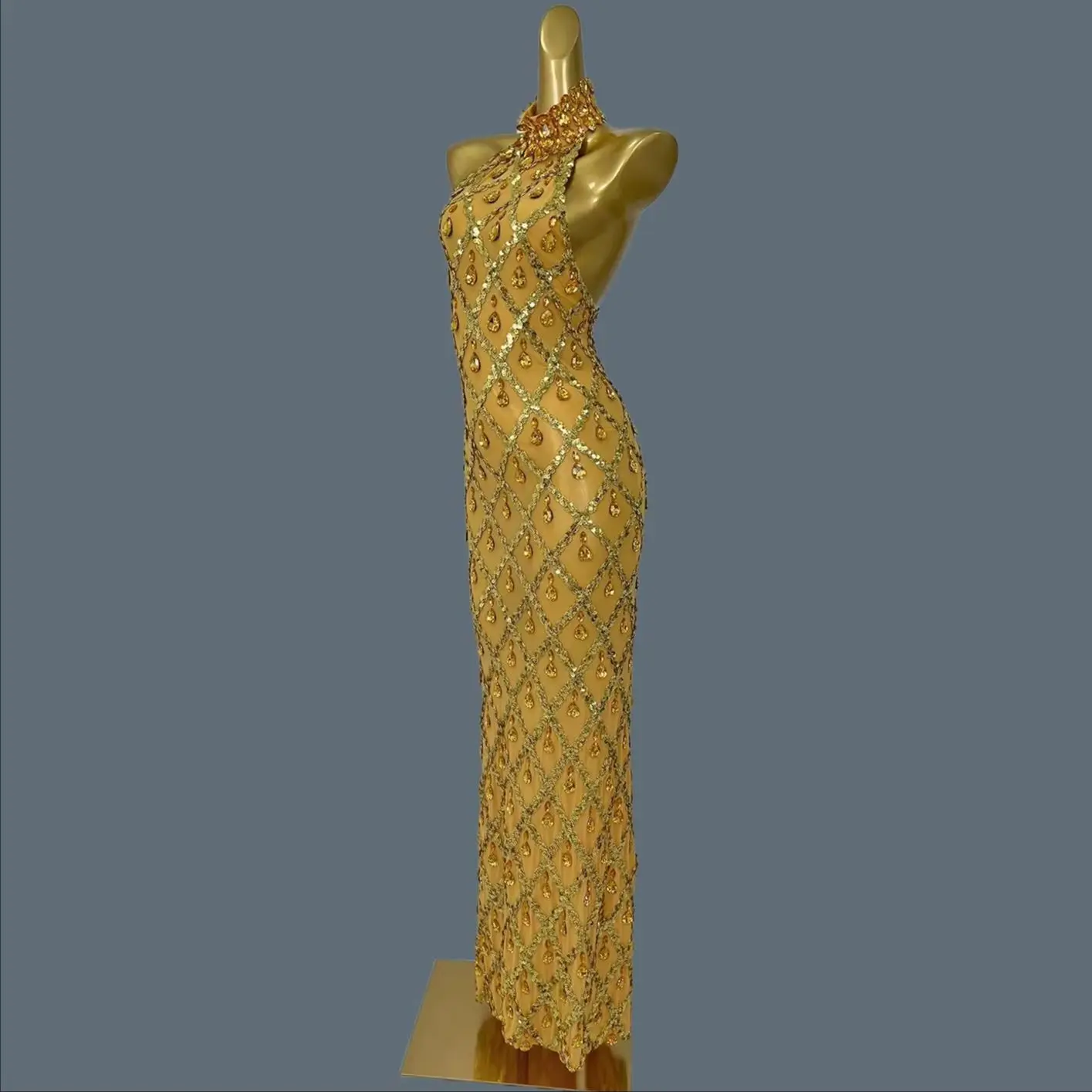 Sparkly Gold Rhinestone Sequins Long Dress Party Evening Birthday Celebrate Luxurious Costume Dancer Flashing Dress Shaokaojia