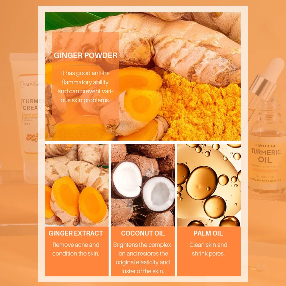 Kit de soins pour le visage, Turmeric, crème nettoyante contre l\'acné, estompe les taches foncées, sérum Anti-âge, hydratant pour la peau, 5 pièces