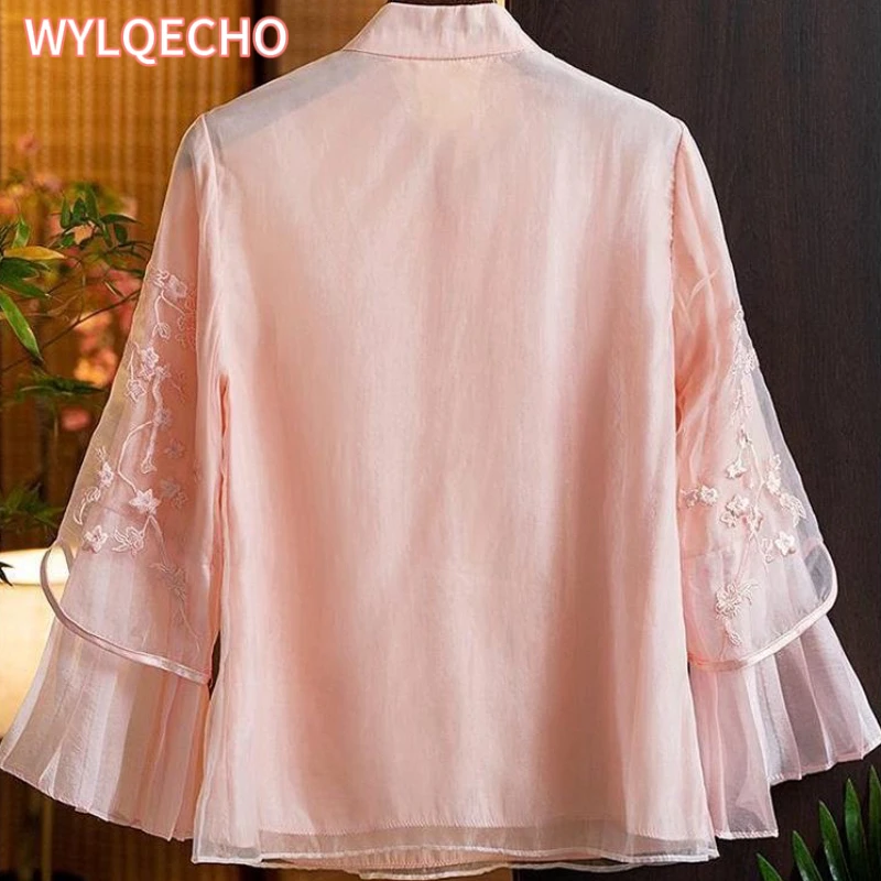 Chinese Style Improved Qipao Embroidered Shirt 2023 Spring/Summer New Design Feel Loose and Slim Chinese Top for Women