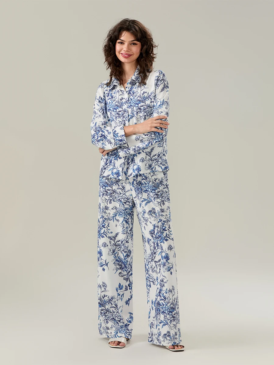 Women Floral Print Pajama Set Lapel Neck Button-up Long Sleeve Tops Long Pants 2-Piece Loungewear Outfit