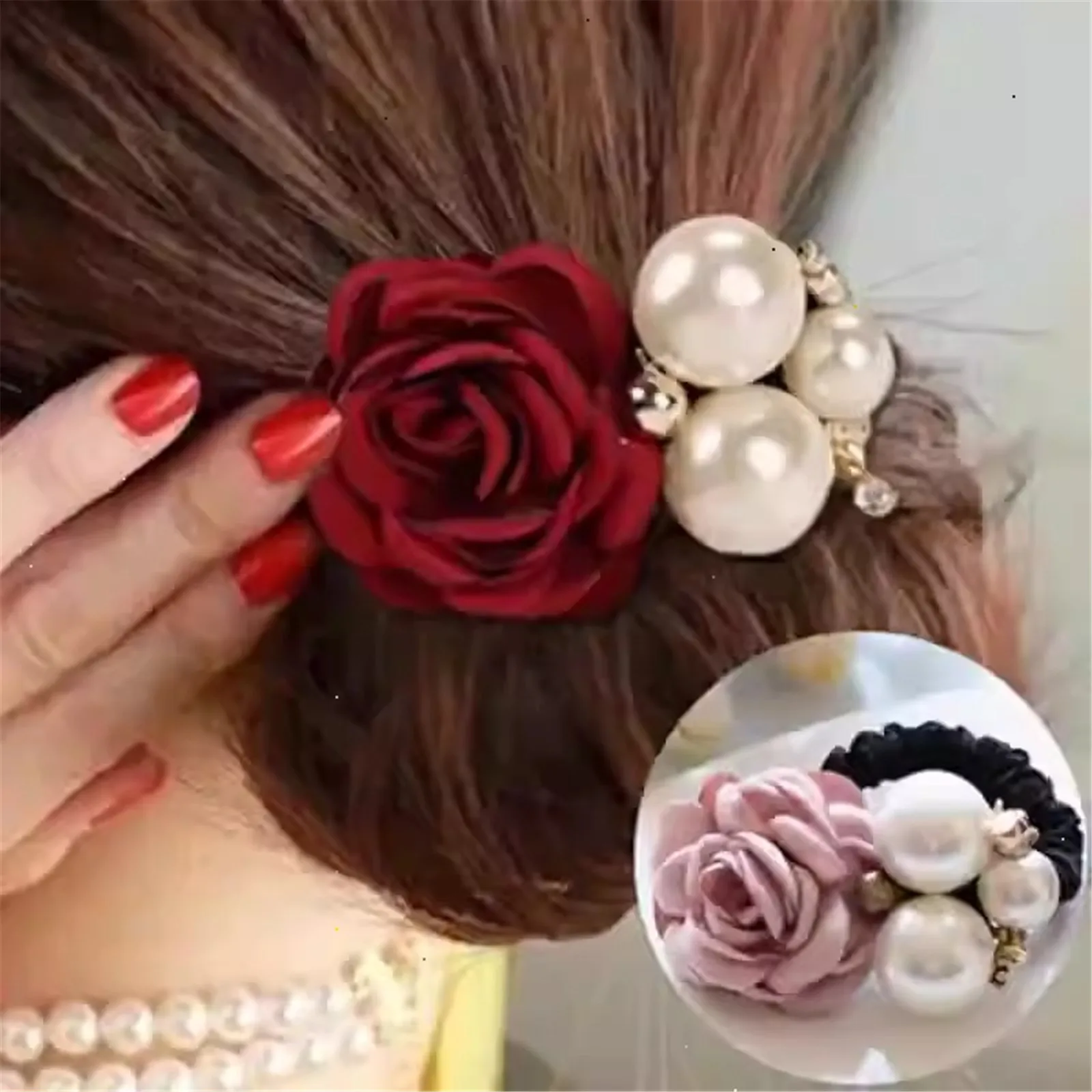 Moda pérola rosa hairband elástico corda de cabelo tecido flor scrunchie ampla faixa de borracha para mulheres meninas acessórios para o cabelo