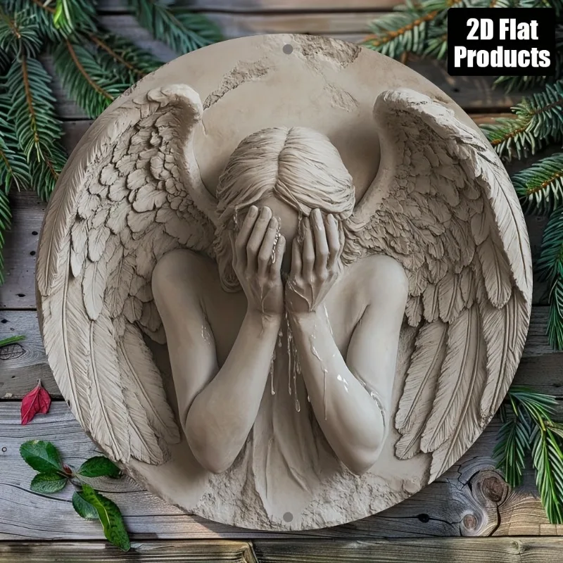 Vintage Weeping Angel 2D Metal Wall Art, 8x8 Inch Round Iron Sign, Detailed Angelic Figure with Tearful Eyes, Home Office Bar Ki