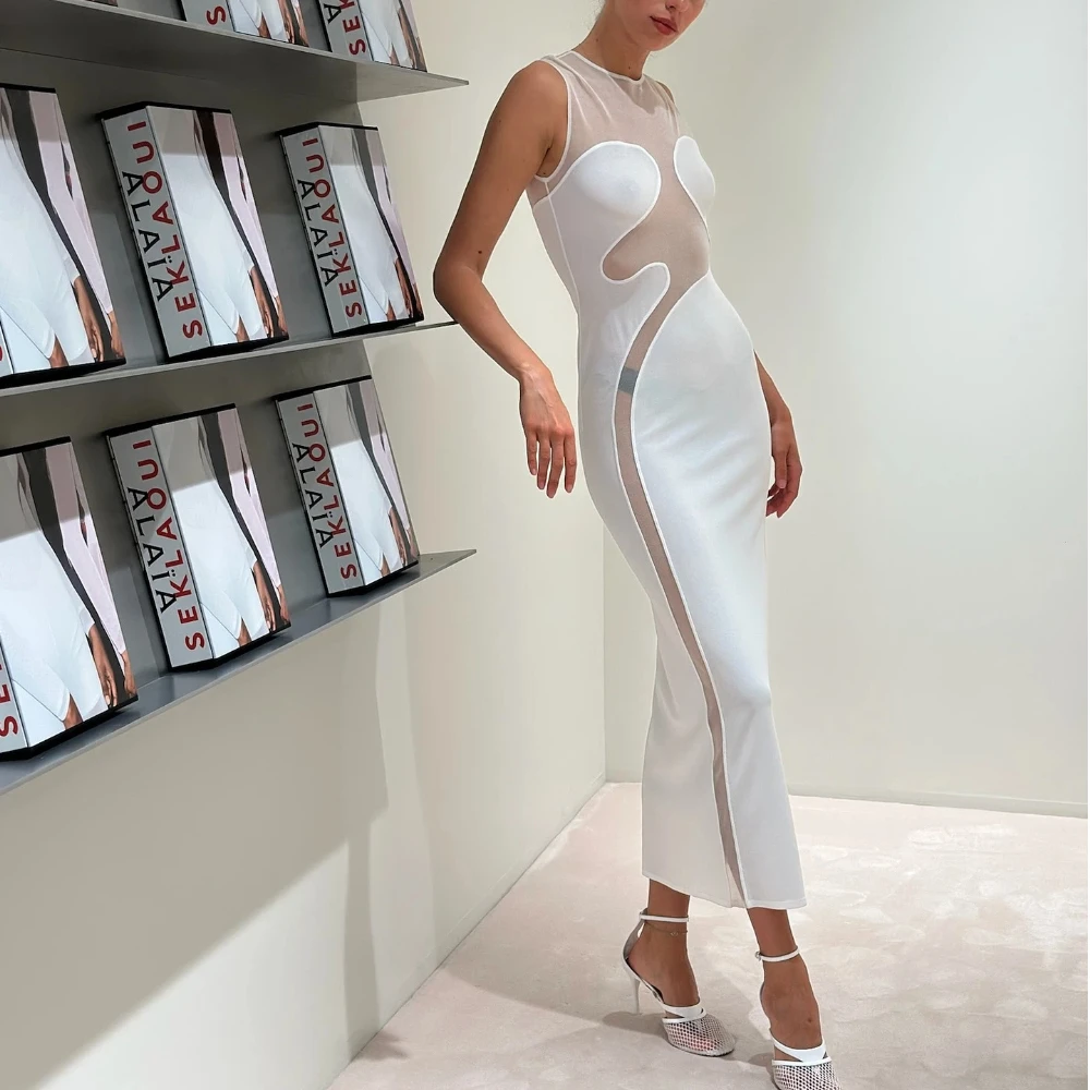 Vestido largo vintage con cuello redondo y cremallera trasera de malla, elegante vestido de columna ajustado sin mangas para cóctel de graduación y fiesta de cumpleaños