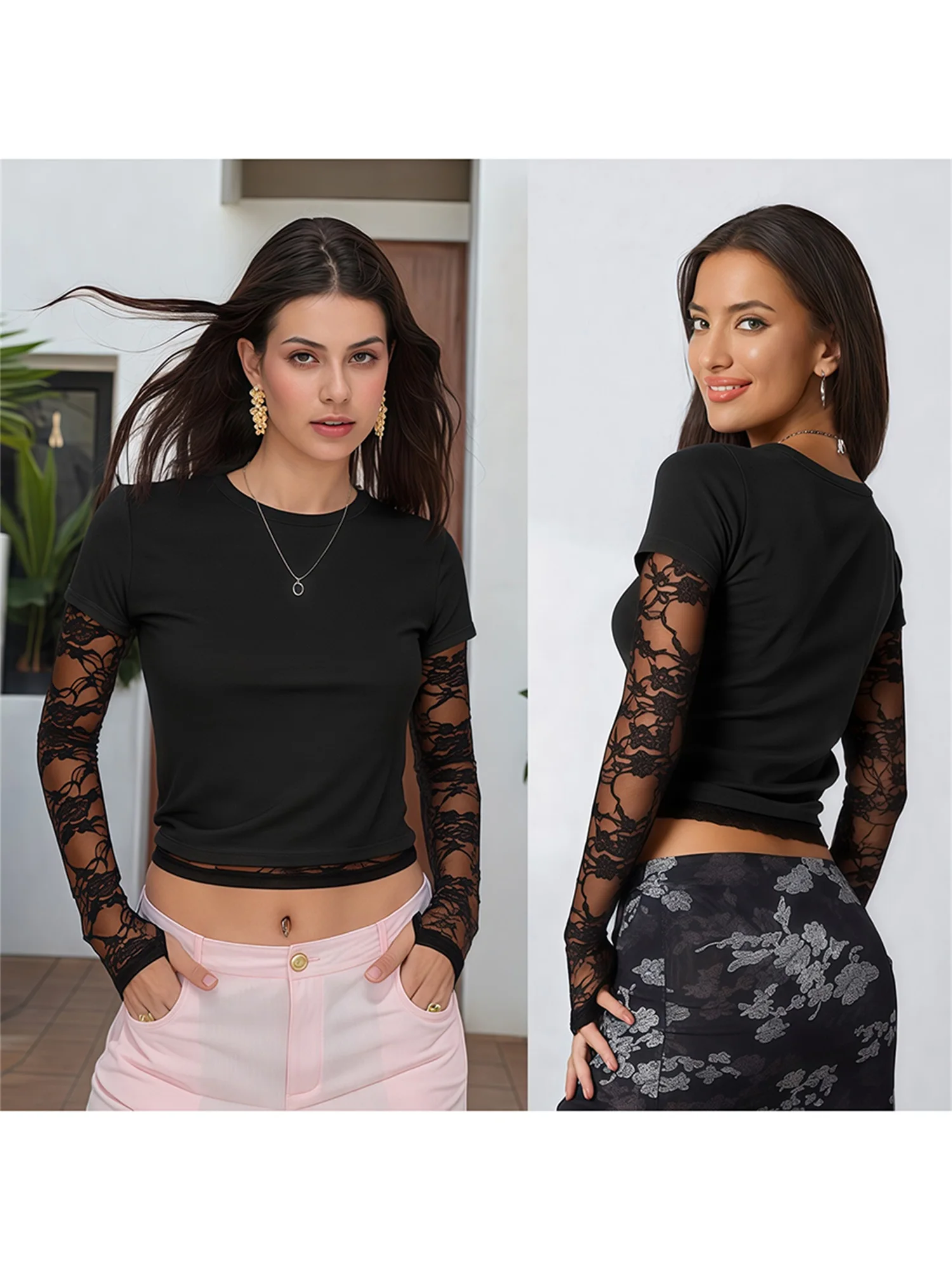 

Women s Casual Short Sleeve Crop Top Lace Patchwork Round Neck T-Shirt Summer Streetwear Fashion Blouse Fit