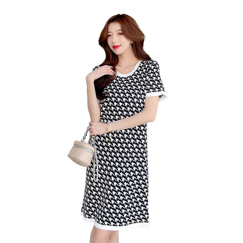 Women Elegant New Summer Slim Knee-length Dress Fashion Short Sleeve Office Lady Ice Silk Knitted Houndstooth Dress Vestdios