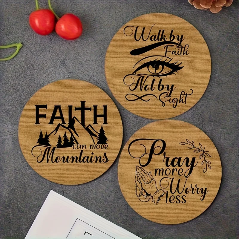 12pcs Inspirational 2D Wooden Bible Verse Heat-Insulating Coasters Retro Coffee Beverage Home Decoration Religious Belief Gift