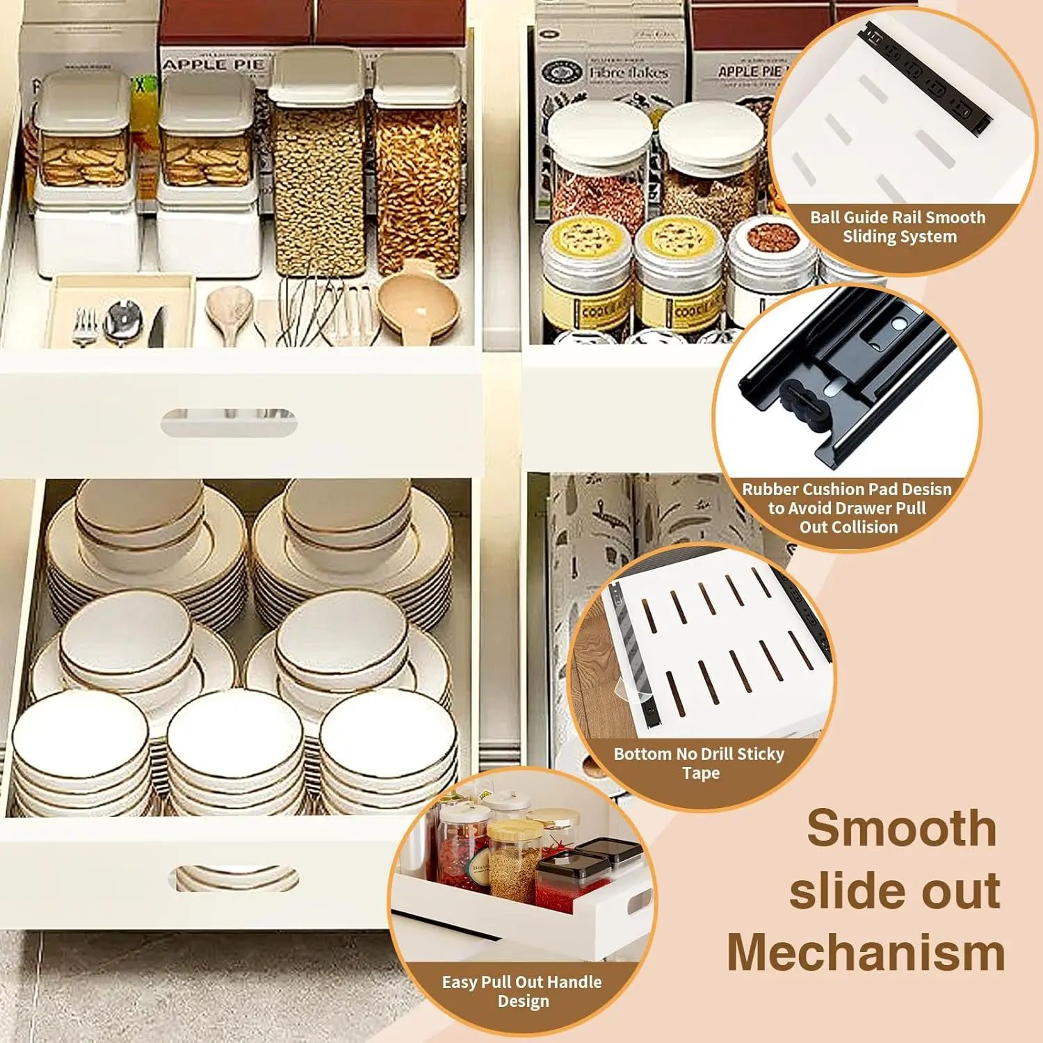 

Pull Out Cabinet Drawer Organizer 2 Pack, Adhesive Slide Out Shelves Cabinet No Drill 11.8"" W X16.9"" D For Kitchen Fixed With