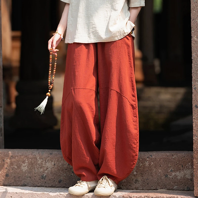 

High Quality Cotton Linen Casual Trousers Women New 2025 Spring Vintage Style Solid Color Loose Female Bloomers Pants M584