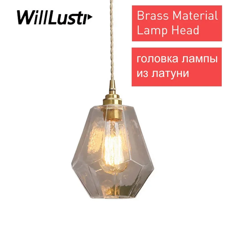 Diamond Glass Pendant Lamp Brass Suspension Light Hotel Cafe Bar Porch Aisle Bedside Dining Room Hanging Ceiling Chandelier