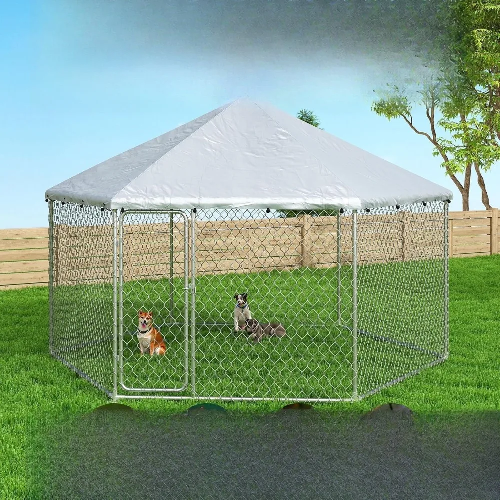 

12.5x12.5 FT Extra Large Outdoor Dog Kennel,with Waterproof Cover and Security Lock,Galvanized Chain Link Hexagonal Dog Cage