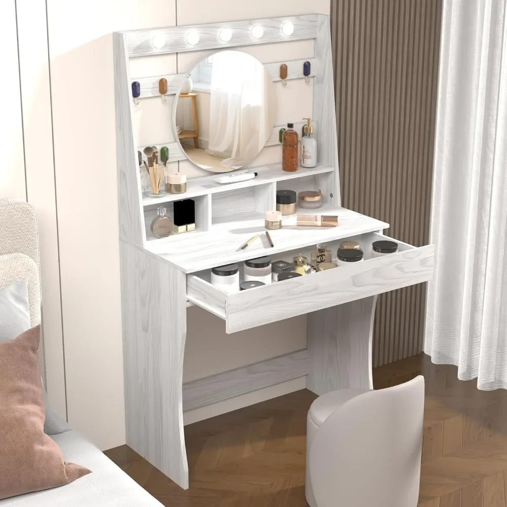 

Vanity Desk with Lights, Makeup Table with Mirror, Dressing Table with 5 Hollywood Bulbs, 3 Adjustable Lighting Colors, Small Va