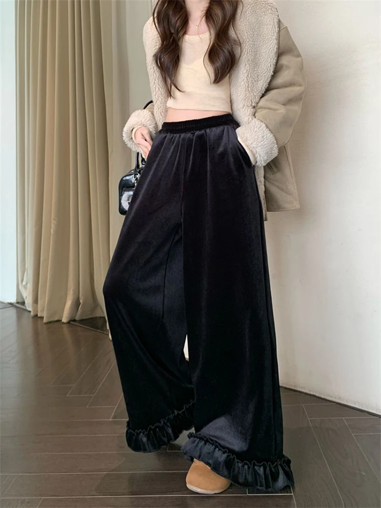 Black Ruffled Women Pants High Waist Loose Casual Plush Warm Wide Leg Trouser Female Sweet Autumn Winter Office Lady Pants New