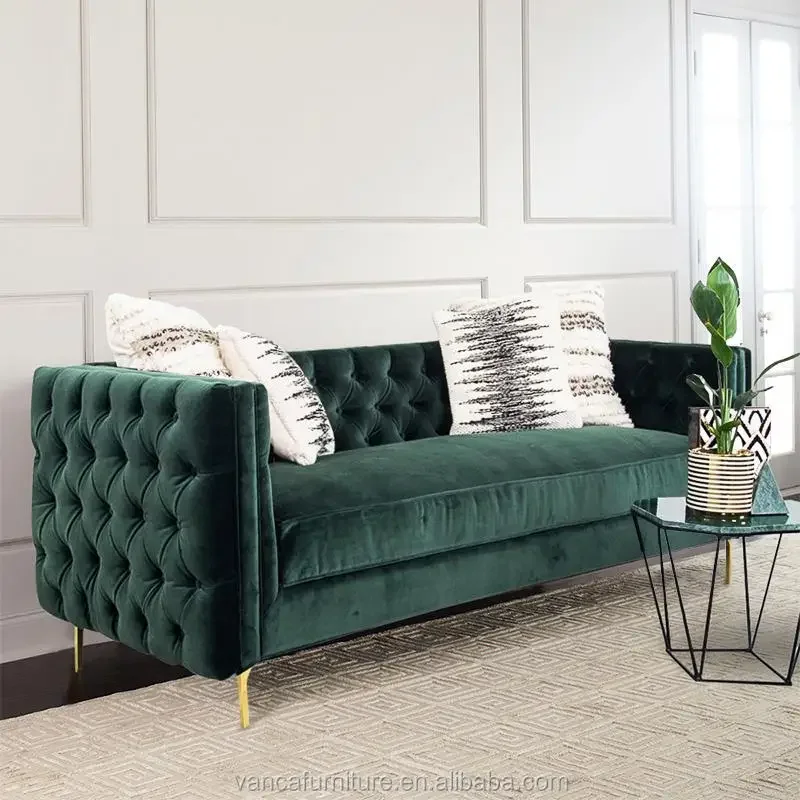 Wholesale Gold stainless steel base Tufted Green Velvet Button living room hotel sofa Couch Furniture