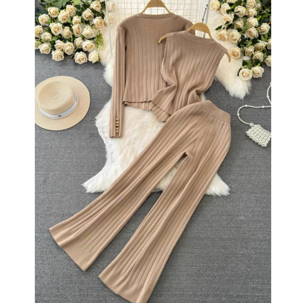 Korean Office Lady\'s Knit Outfit V-Neck Long Sleeve Slim Single Breast Sweater Cardigan With Vest And Wide Leg Pants 3-Piece Set