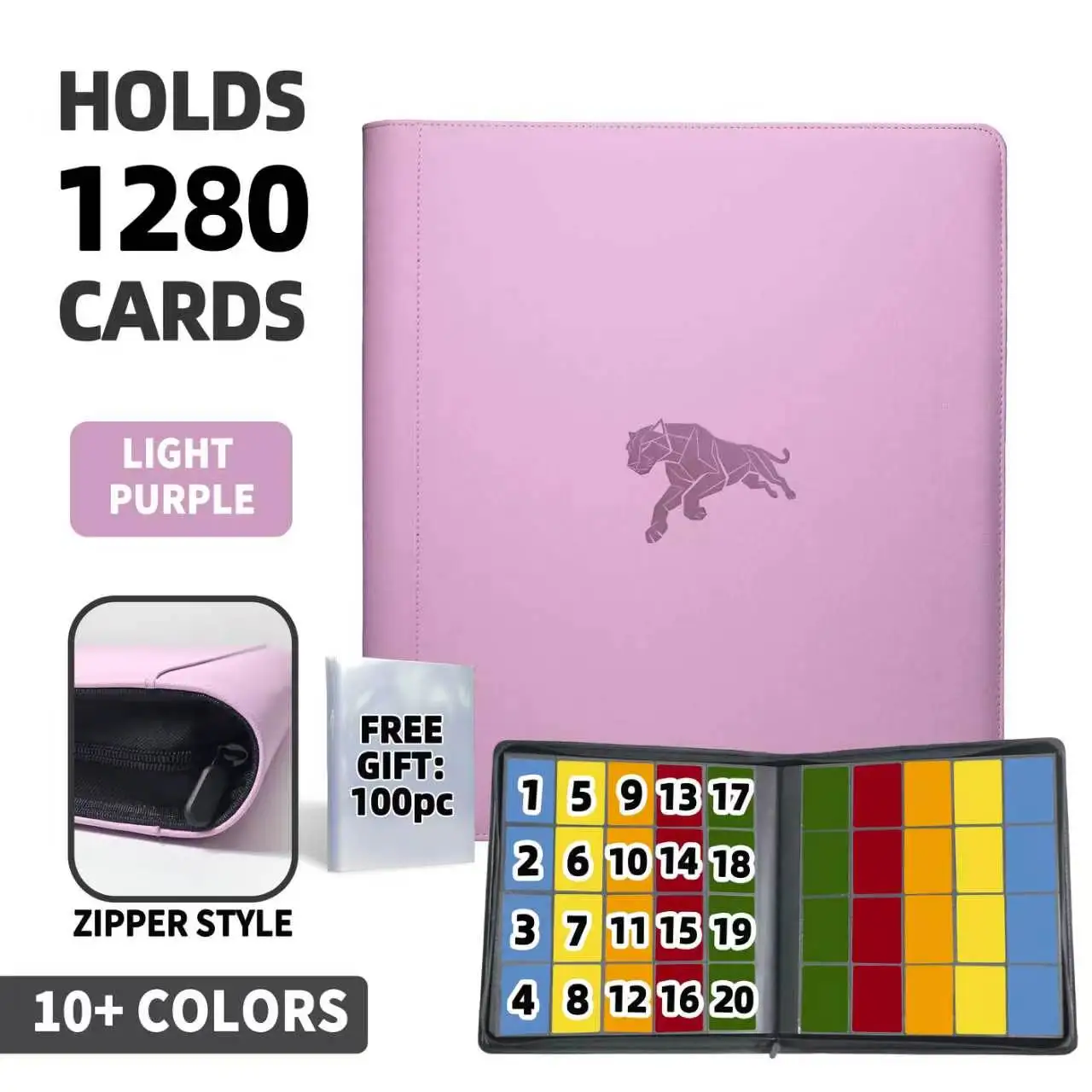 

20 Pocket Zippered Card Binder, 1280 Double-Sided Pockets PU Leather Album, Trading Card Collector Book for TCG Sports Cards