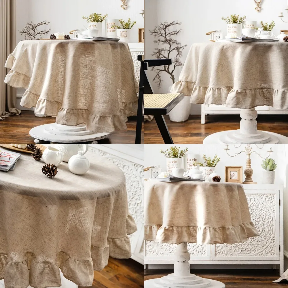 

Stunningly beautiful vintage French romantic ruffle cotton linen tablecloth, perfect for American round tea table. Exuding elega