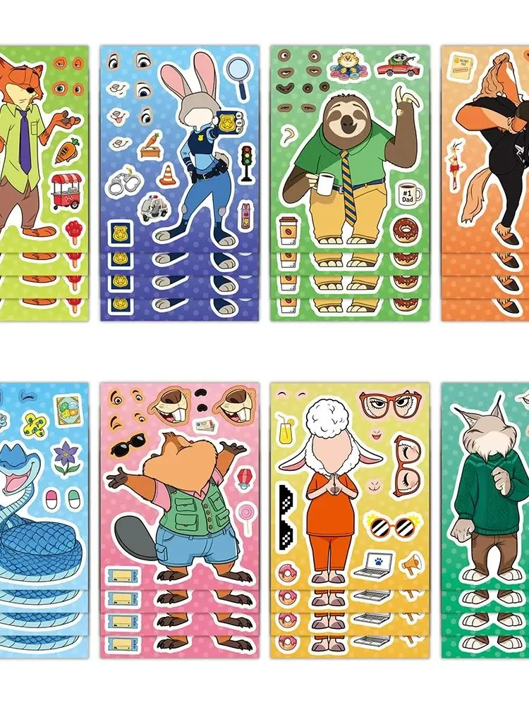 8/16 feuilles de stickers de puzzle Disney Anime Zootopia 2, faire un visage, jeux, bricolage, dessin animé, assemblage, puzzle, décoration, stickers, cadeaux de fête