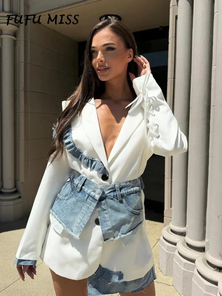 

Patchwork Denim Jacket Woman Spring Autumn Lapel Buttons Pockets Blazer Lady Full Sleeve Stylish Outercoat Female Streetwear
