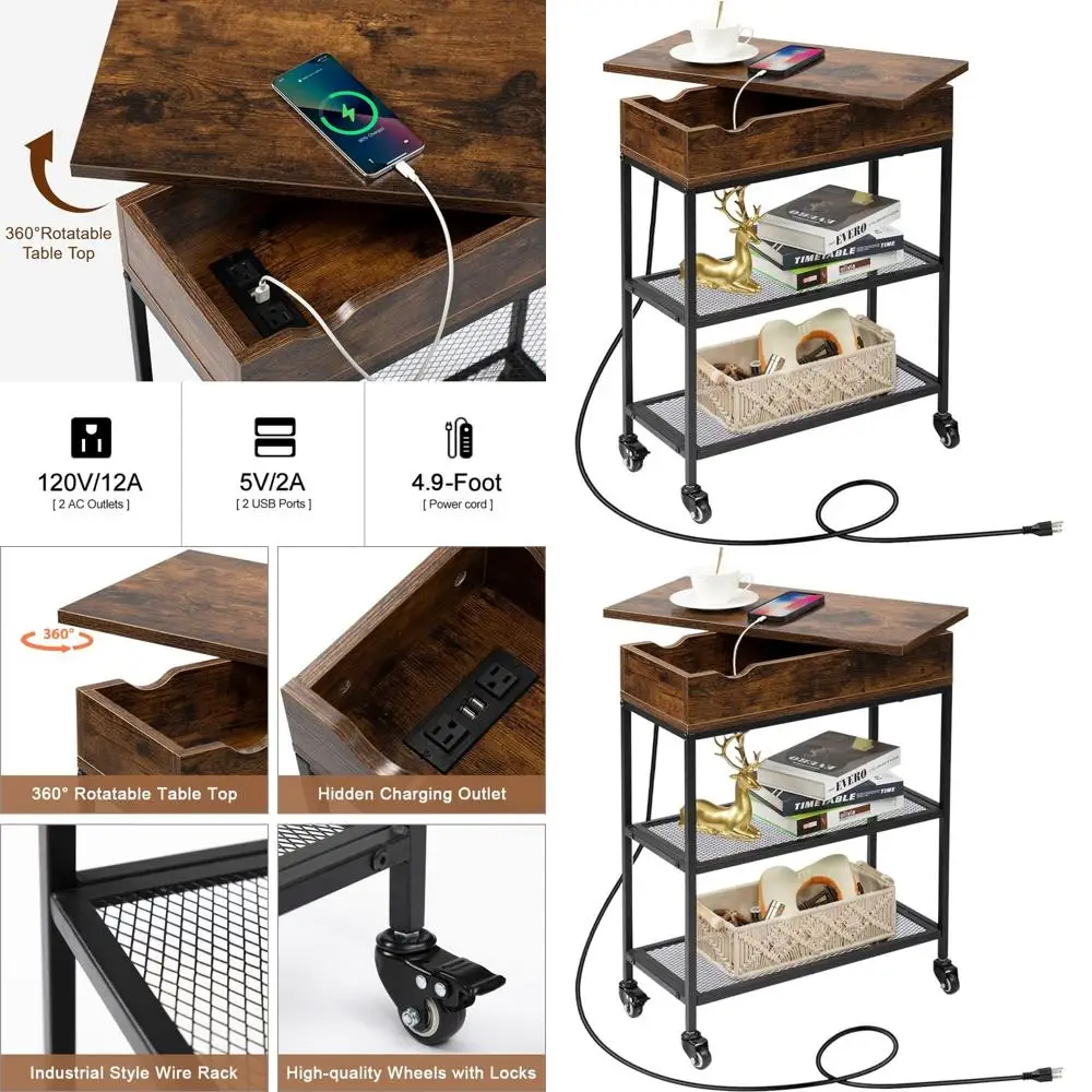 

Прикроватный столик-зарядная станция с вращающейся поверхностью, поворотный приставной столик для дивана, тонкий передвижной столик для кресла-реклайнера и спальни, цвет: рустик-коричневый