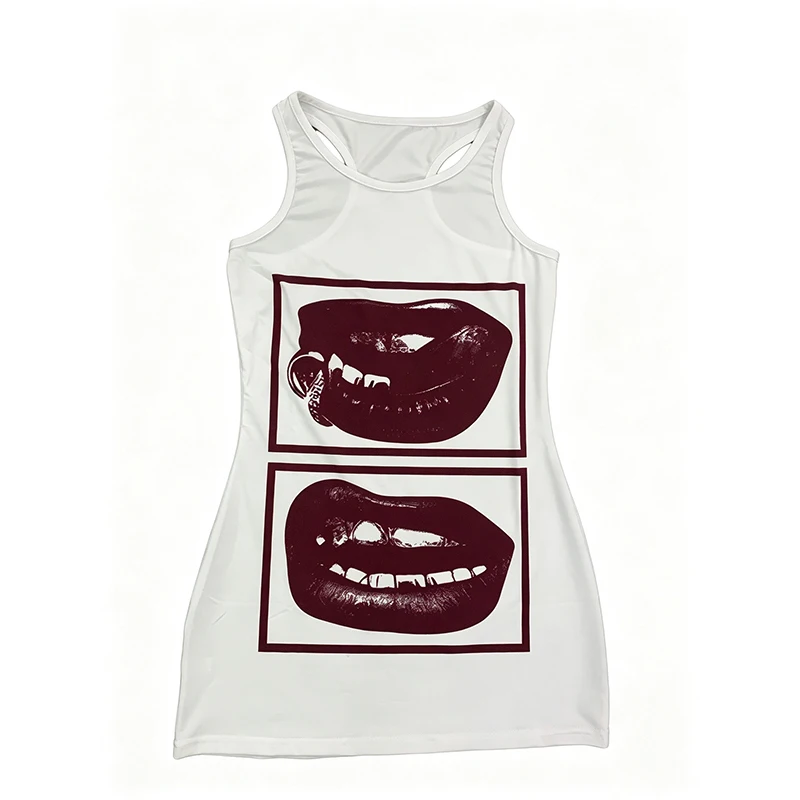 Y2K Gothic Lips Print Sleeveless Tank Mini Dress Women Bodycon Summer Club Streetwear Short Dress