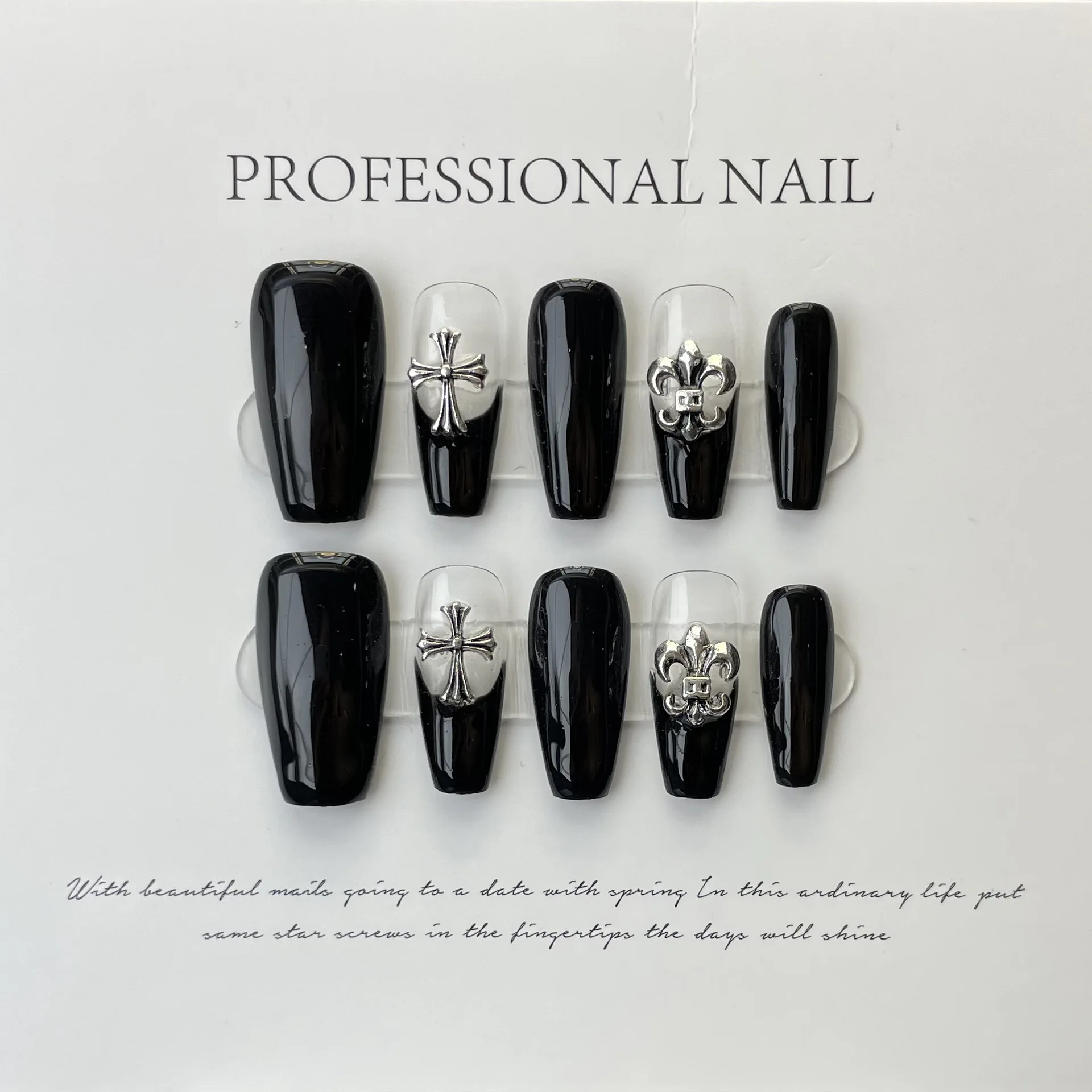 10 pcs Luxury Handmade Press on Nails Middle Ballet Diablo Style Design False Nails with 4-PIECE Tool Adhesive Nail Glue Tabs