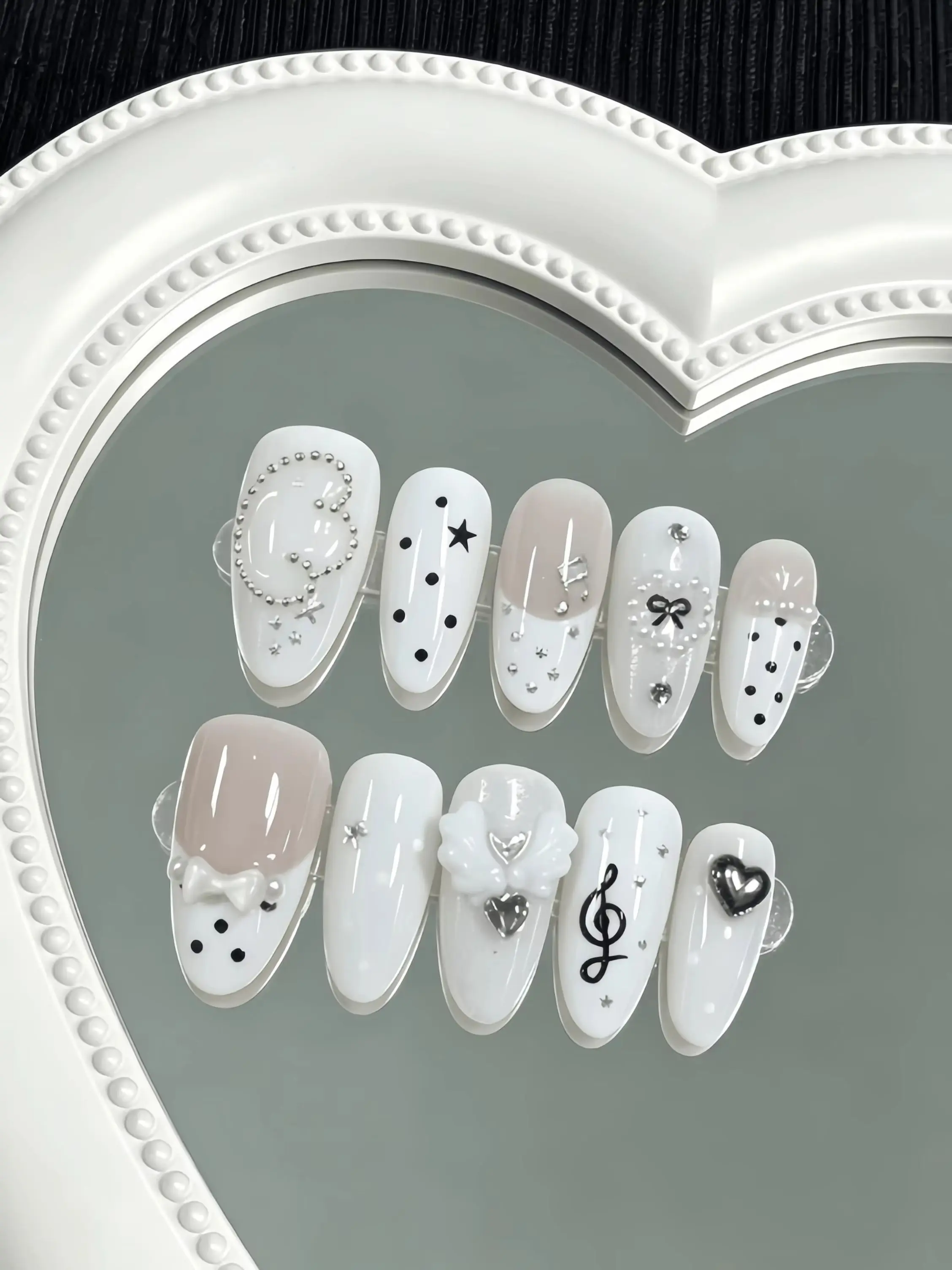 10 Pieces of Handmade Almond-Shaped Full-Cover Nail Tips, Medium Length, in Milky White with Contrasting Colors, Featuring Polka Dots, Musical Notes, Stars, 3D Bows, and Angel Wings, Y2K Sweet and Cool Style for Girls, Suitable for Women and Girls, Perfect for Summer Vacations, Graduation Season, and as a Gift, Comes with 1 Piece of Jelly Glue and 1 Nail File