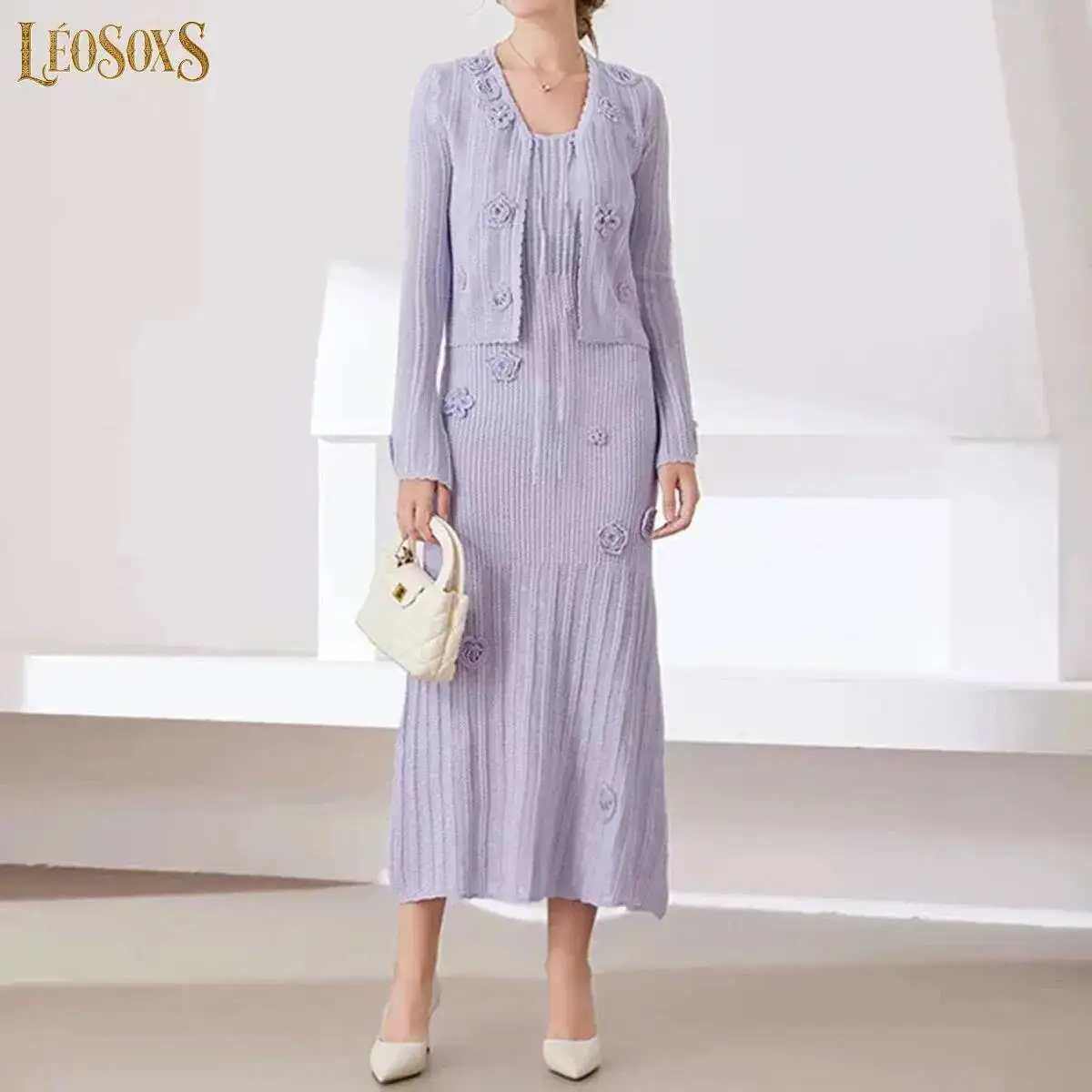 

LEOSOXS High Quality Spring And Summer New Fashion Knitted Three-dimensional Flower Top Cardigan+suspender Dress Women's Set