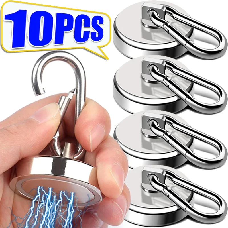 10/1pcs Strong Magnetic Hooks Heavy Duty Neodymium Magnet Hook with Swivel Carabiner Hook Kitchen Refrigerator Magnetic Suction