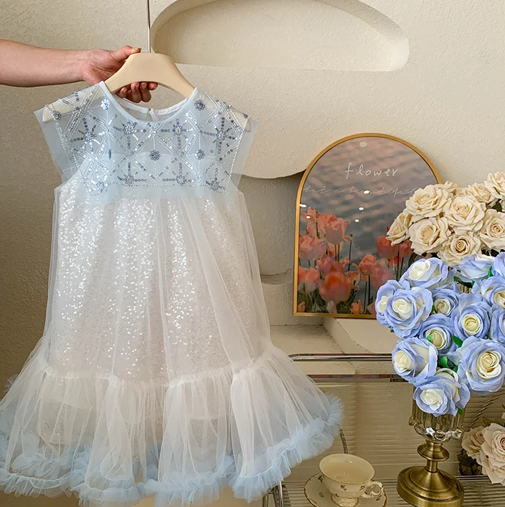 Retail New Baby Summer Girls Boutique Sequined Mesh TuTu Dress, Princess Kids Sweet Fashion Dress 3-7T