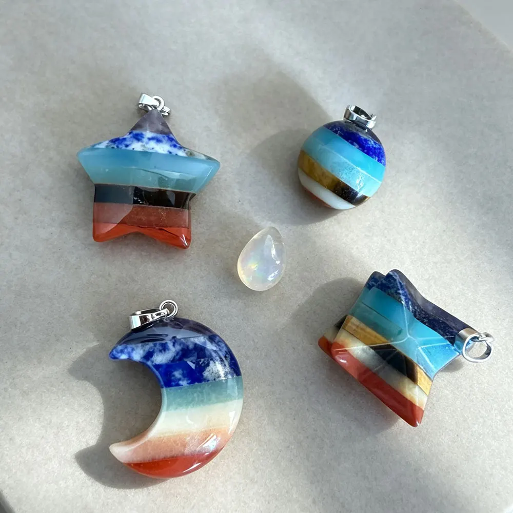 Original 7 Chakras Pendant Star Half Moon Round Natural Stone Crystal Charms  Healing Women Man Meditaion Jewelry Making X475