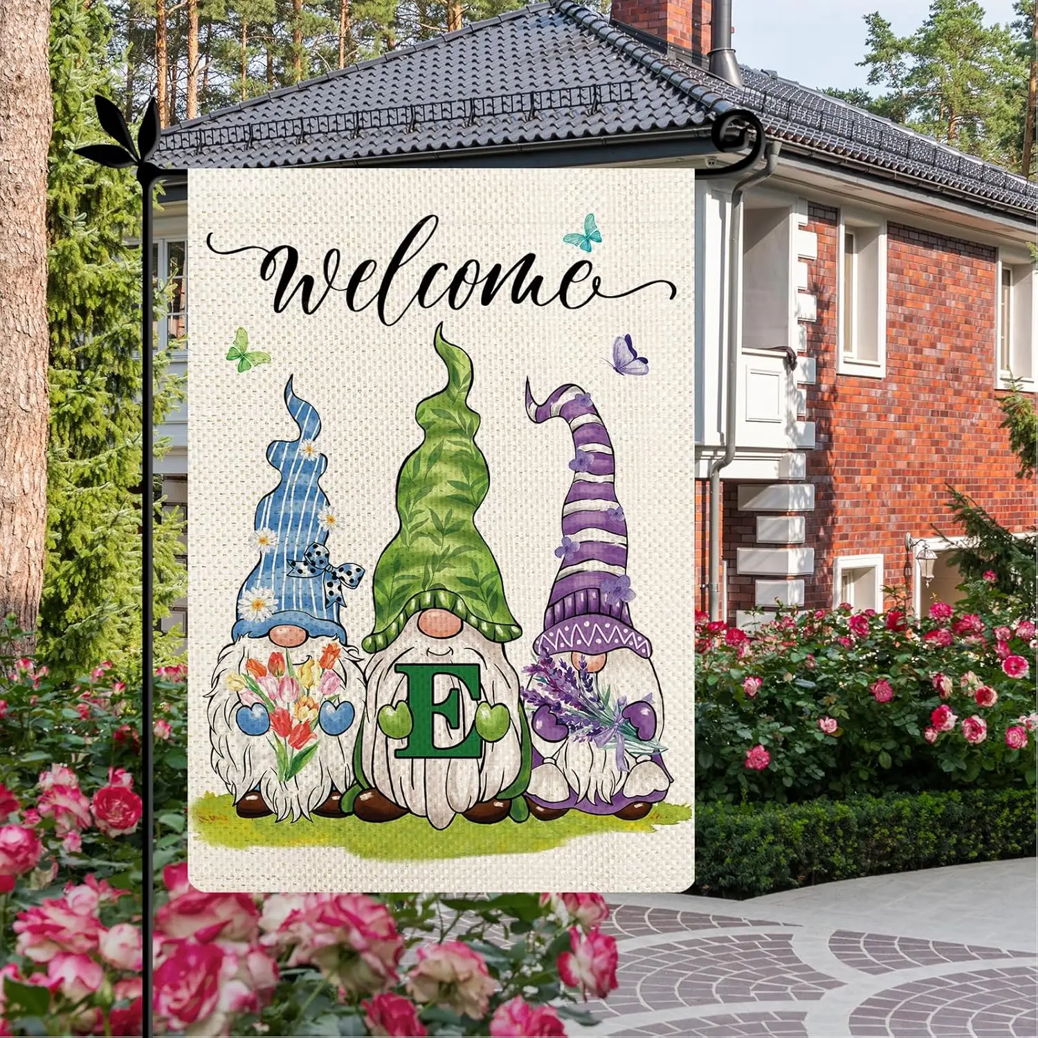 Spring Gnomes Flower Monogram Letter E Garden Flag, Hello Spring Gnome Floral Initial Letter Flag, Family Last Name Initial Spri