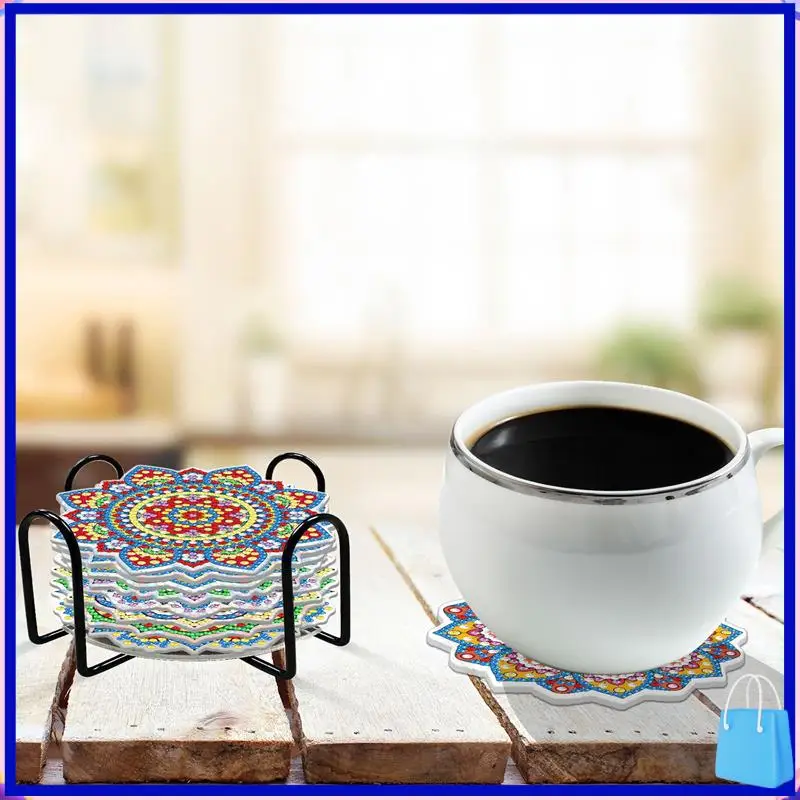 مجموعة قواعد أكواب مكونة من 8 قطع المفضلة لدى العملاء مجموعة قواعد أكواب فنية ماسية ماندالا مع حامل، مجموعة أدوات رسم ماسية ذاتية الصنع