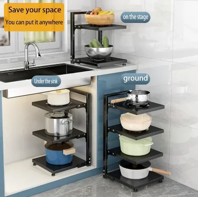 

Kitchen Shelves Storage Pot Rack Multi Layer Stainless Steel Free Layering Placed on the Ground Storage Under Sink Organizer