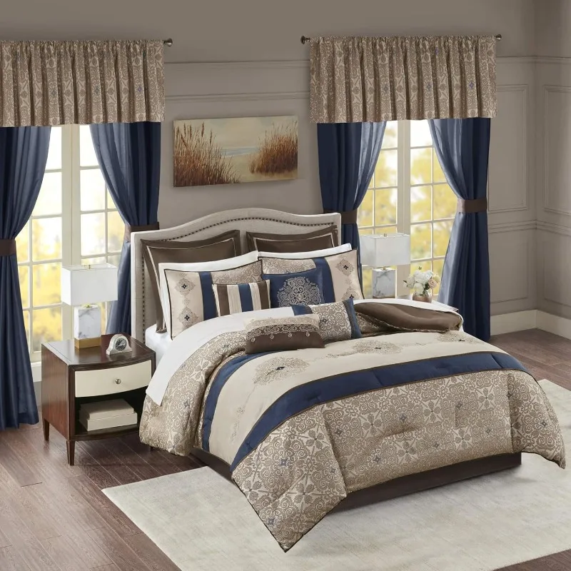 Comforter Sets - Satin Jacquard Four Seasons Luxury Bedding, Sheets, Decorative Pillows and Curtains, Valances,