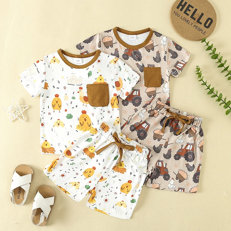 Newborn Set Infant Baby Boys Girls Chick Print Short Sleeve T-Shirt with Elastic Waist Shorts Set Summer 2pcs Outfit Clothes