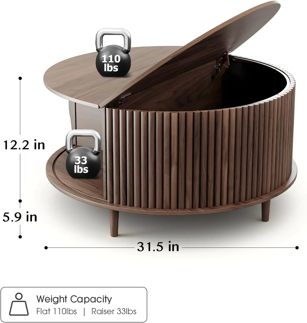 Table basse ronde avec rangement, table basse moderne du milieu du siècle avec porte d'armoire market, petite table centrale de 31.5 po, brochure