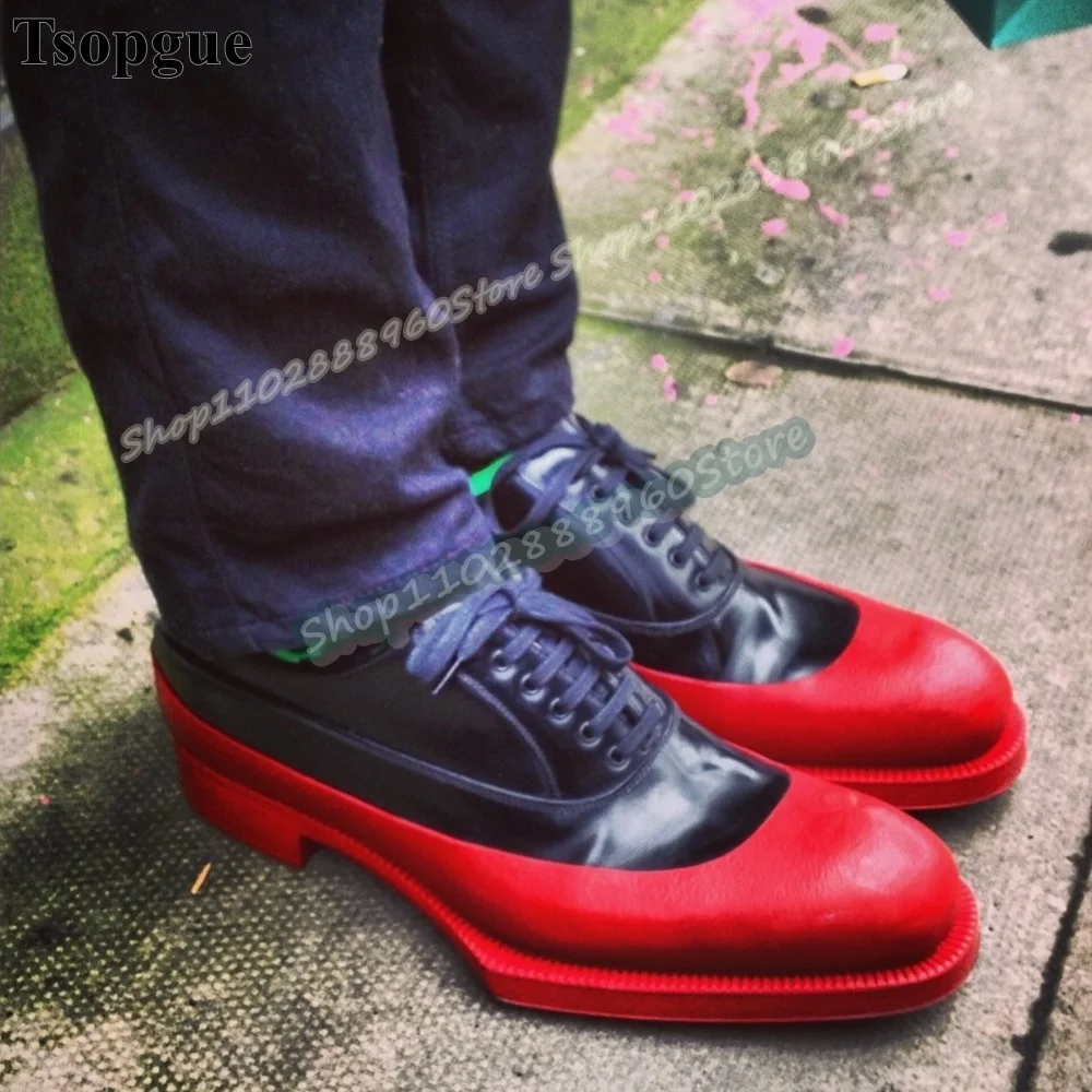 

Black And Red Splicing Matte Leather Pumps Flats Shoes For Men Cross Tied Round Toe Occidental Style Party Stylish Men Pumps