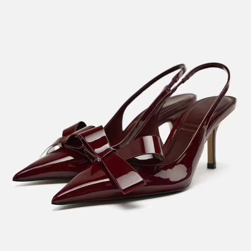 TRAF Woman's Wine Red Bow High Sandals Sexy Pointed Toe Slingback Pumps Shoes Elegant Female Thin High Heels Banquet Dress Shoes