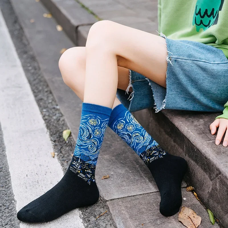 1 Pair Autumn Winter Retro Men Socks Couple Socks New Art Van Gogh Mural World Famous Oil Painting Series Funny Socks