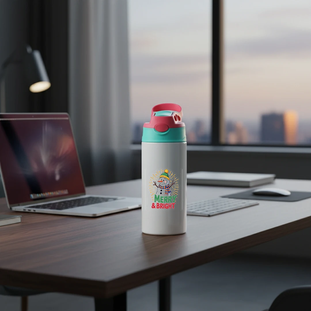 304 كوب معزول من الفولاذ المقاوم للصدأ + كوب امتصاص للأطفال إصدار رجل الثلج الكرتوني عيد ميلاد سعيد ومشرق هدية السنة الجديدة