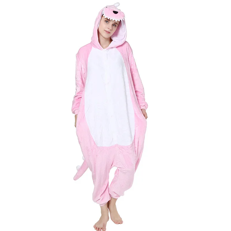 Flannel Cartoon Jumpsuit Pajama Kigurumi Pink Dinosaur Cosplay Costume Autumn Winter Thicken Warm Onesies Sleepwear Lounge Wear