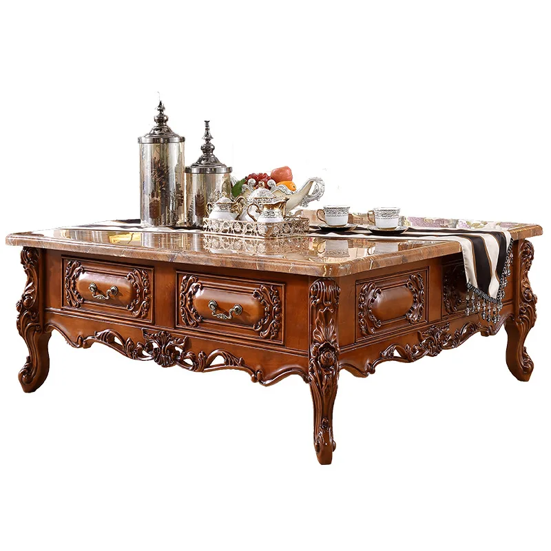 

European marble coffee table, one-piece drawer, storage square retro tea table, solid wood American living room coffee table, ne