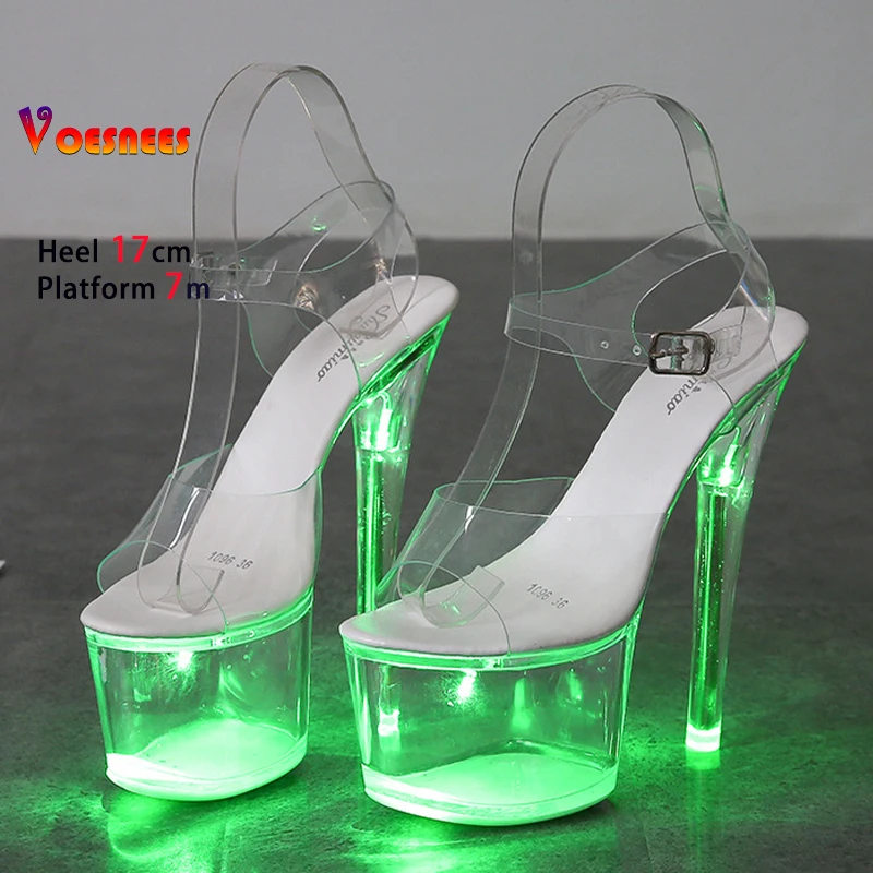 17CM Stripper Heels Women Glitter Shoes Clear Heel Light-emitting PVC Platform Sandals LED Light Buckle Strap Super High Heels - Image 2