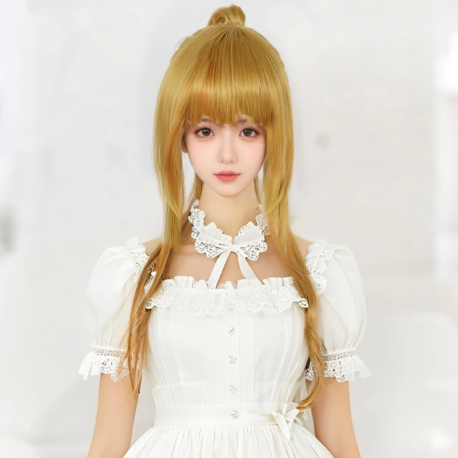 

Synthetic Hair Anime Wig Gradient Golden Brown Cosplay Wig with Bangs & High Ponytail, Stylable Multi for Women