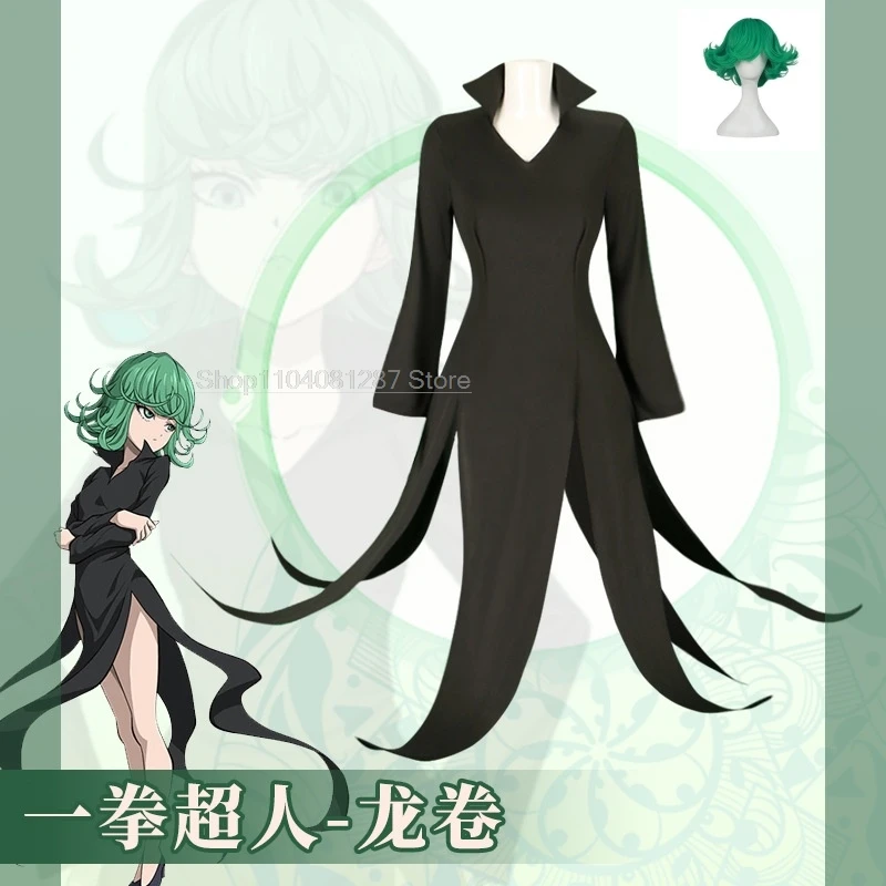 One Punch Man Cosplay Costume com Peruca para Mulheres, Roupa de Halloween, Tornado of Terror, Senritsu No, Tatsumaki, Vestido Preto, Menina, Criança, Adulto