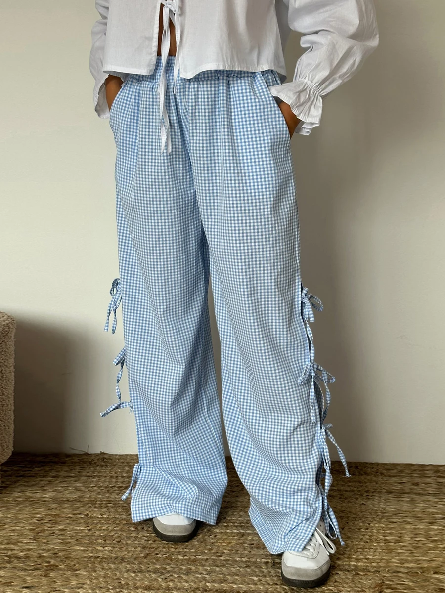 

Women Y2K Striped Lounge Pants Tie Side Mid Waist Pajama Pants Gingham Loose Fit Comfy Pjs Pants Going Out Trousers