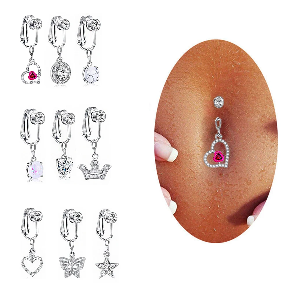 1pc Fake Belly Button Ring for Women Faux Piercing Heart Dangle Navel Ring Clip Non Piercing Cartilage Earring Sexy Body Jewelry