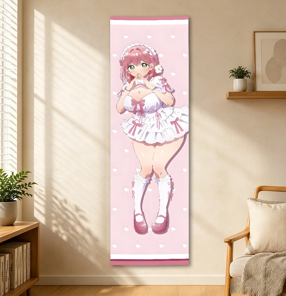 Hanazono Yukari Long Vertical Tapestry, Pink Lolita Maid Girl Pastel Heart Kawaii Anime Wall Hanging for Otaku Bedroom Doorway